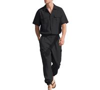 Generisch Conjunto de camisa de lino para hombre, transpirable, cómodo, informal, para el día a día, deporte, ocio, moderno, elegante, para verano, Negro , XL