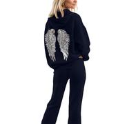 Generisch Conjunto de chándal para mujer, traje de casa, alas de ángel, sudadera con capucha y pantalones de jogging, dos piezas, monocolor, elegante, acogedor, traje deportivo, ropa de calle moderna