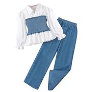 Generisch Conjunto de chándales para niños, chándal de jogging para niñas, conjunto deportivo para niñas, moda de camisa de denim con spliiting, camiseta de manga larga de color sólido, pantalones de