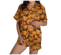 Generisch Conjunto de dos piezas para mujer con cuello en V, camiseta de manga corta con pantalones cortos para un look moderno de verano, dorado, XL