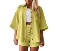Generisch Conjunto de dos piezas para mujer, muselina de verano, blusa y pantalones cortos, elegante, ropa estética, juego de 2 piezas, verano, ligero, vacaciones, ocio, tops para la playa, ropa de