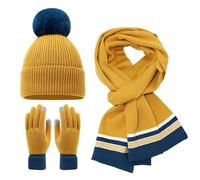 Generisch Conjunto de gorro de invierno para mujer, gorro de punto, gorro de invierno con pompón, bufanda de invierno, guantes para pantalla táctil, juego de 3 unidades, amarillo, Talla única