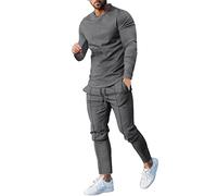 Generisch Conjunto de hombre casual de dos piezas con cuello redondo Top práctico cordón bolsa para elegante elegancia, gris oscuro, 3XL