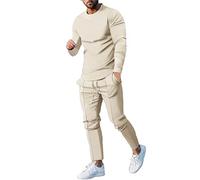 Generisch Conjunto de hombre casual de dos piezas con cuello redondo Top práctico cordón bolsa para elegante elegancia, beige, 3XL