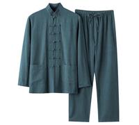 Generisch Conjunto de hombre de algodón y lino de 2 piezas con camisa pantalones para elegancia elegante y comodidad, verde, XXL