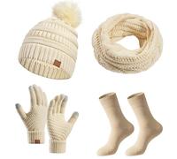Generisch Conjunto de invierno de tres piezas con gorro cálido, guantes de bufanda en color sólido, beige, talla única