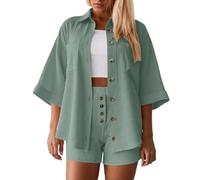 Generisch Conjunto de lino para mujer, traje de muselina de dos piezas, elegante, manga larga, top y pantalón, 2 piezas, lino y algodón, traje casual ligero, verde, L