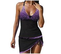Generisch Conjunto de mujer de dos piezas traje de baño de cintura alta con sujetador acolchado de prealambre verde, blanco, azul, dorado, negro, deportivo, ropa de vacaciones, sin tirantes, morado, M