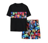 Generisch Conjunto de natación para niños con diseño de consola de juegos, manga corta, bañador Rashguard con tecnología de secado rápido, alta protección 50+, Negro , 8-9 años