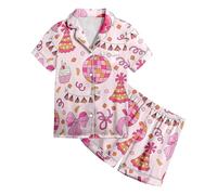 Generisch Conjunto de pantalones cortos de punto para niña alegre con estampado, ligero atuendo de verano para niños de 4 a 13 años, cómodo conjunto de ocio, Rosa., 4-5 años