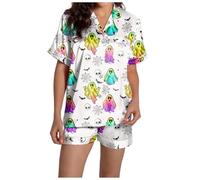 Generisch Conjunto de pijama con estampado sangriento, informal, ropa de salón, calabaza, pijama para mujer, pijama de Halloween para mujer, elegante, botones negligee y pantalones cortos para dormir