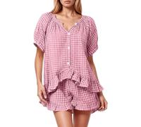 Generisch Conjunto de pijama de 2 piezas para mujer a cuadros con estampado de botones y cuello abultado, camiseta y pantalones con volantes, Y2K pijama lounge set de dos piezas traje de baño de