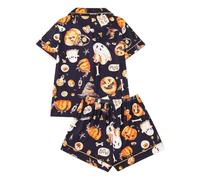 Generisch Conjunto de pijama de Halloween para mujer, camisa de manga corta con botones, pantalones cortos para cualquier época del año, marine, M