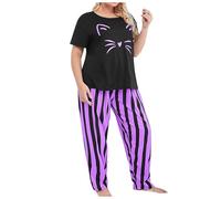 Generisch Conjunto de pijama de mujer de gran tamaño, camiseta de manga corta con pantalones de rayas, ropa de dormir cómoda para un sueño reparador, morado, 3XL