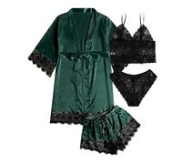 Generisch Conjunto de pijama de satén para mujer, 4 piezas, pijamas de encaje, kimono, bata, pijama sexy, negligee y pantalones cortos, camisón de 4 piezas con almohadilla en el pecho, Pajamas B8-dark