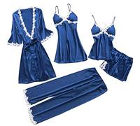 Generisch Conjunto de pijama de satén para mujer, 5 piezas, camisón de manga corta, algodón suave, camiseta grande con bolsillos, ropa de noche, kimono, bata, conjunto de pijama, conjunto sexy de