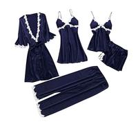 Generisch Conjunto de pijama de seda sintética para mujer, 5 piezas, vestido de noche sexy, albornoz con estampado floral, bata corta de seda con acolchado en el pecho, tirantes delgados Pjs Sets