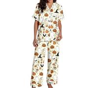 Generisch Conjunto de pijama largo para mujer Spooky Cat Everyday is Halloween Long Pyjama Set White Flannel Shine Glow-in-The-Dark Pumpkin Spooky Pjs Women Halloween Vest Pajamas Set Spooky Pajamas