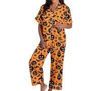 Generisch Conjunto de pijama largo para mujer Spooky Cat Everyday is Halloween Long Pyjama Set White Flannel Shine Glow-in-The-Dark Pumpkin Spooky Pjs Women Halloween Vest Pajamas Set Spooky Pajamas