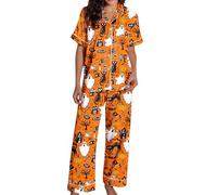 Generisch Conjunto de pijama largo para mujer Spooky Cat Everyday is Halloween Long Pyjama Set White Flannel Shine Glow-in-The-Dark Pumpkin Spooky Pjs Women Halloween Vest Pajamas Set Spooky Pajamas