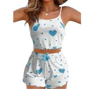 Generisch Conjunto de pijama para mujer, camisas, ropa de dormir, lencería con estampado de ensalada, top y pantalones cortos, ropa de dormir, azul, L