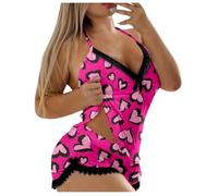 Generisch Conjunto de pijama para mujer de moda sin mangas, camisola y pantalones cortos con diseño romántico de estampado de corazón para un seductor, Rosa intenso., S