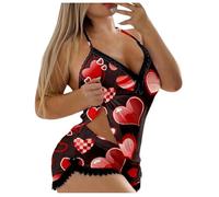 Generisch Conjunto de pijama para mujer de moda sin mangas, camisola y pantalones cortos con diseño romántico de estampado de corazón para un seductor, Negro , L