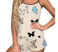 Generisch Conjunto de pijama sexy para mujer - Pijama para mujer, traje de casa con estampado de mariposa, traje de salón suelto, conjuntos de pijama de dos piezas con parte superior de cami, ropa