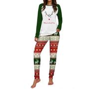 Generisch Conjunto de pijamas de mujer para Navidad, de manga larga, con cuello redondo y pantalón, ropa de dormir de invierno con estampado de impresión, verde, M