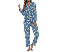 Generisch Conjunto de ropa de dormir de Navidad para mujer con bolsillo con botones impresos, pijama de manga larga para fiestas acogedoras (azul, M)