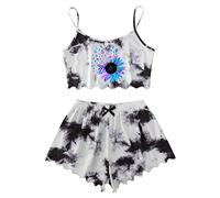 Generisch Conjunto de ropa de dormir para mujer, camiseta sin mangas con pantalones cortos en diseño de impresión Tie-Dye para un seductor, azul, XL