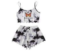 Generisch Conjunto de ropa de dormir para mujer, camiseta sin mangas con pantalones cortos en diseño de impresión Tie-Dye para un seductor, naranja, S