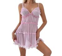 Generisch Conjunto de ropa de dormir sexy para mujer, 2 piezas, vestido de noche con tanga Sissy, sin mangas, con sujetador integrado, ribetes de gasa, vestido de malla transparente, minivestido