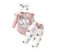 Generisch Conjunto de ropa de manga larga acanalado dibujos animados estampados mamelucos body pantalones diademas trajes niña chándal, rojo, 3-6 meses