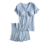 Generisch Conjunto de ropa de salón de dos piezas para mujer, elegante traje de pantalón, parte superior con cuello en V y pierna ancha, ropa de casa, verano, 2 piezas, ropa de dormir, ropa de