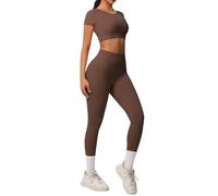 Generisch Conjunto de ropa de yoga elástica para mujer, camiseta de corte y leggings de 2 piezas, chándal de gimnasio, fitness, ropa deportiva para mujer, cuello redondo, parte superior y mallas de