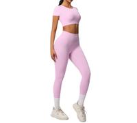 Generisch Conjunto de ropa de yoga elástica para mujer, camiseta de corte y leggings de 2 piezas, chándal de gimnasio, fitness, ropa deportiva para mujer, cuello redondo, parte superior y mallas de