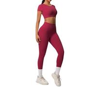 Generisch Conjunto de ropa de yoga elástica para mujer, camiseta de corte y leggings de 2 piezas, chándal de gimnasio, fitness, ropa deportiva para mujer, cuello redondo, parte superior y mallas de