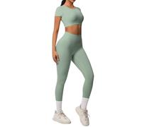 Generisch Conjunto de ropa de yoga elástica para mujer, camiseta de corte y leggings de 2 piezas, chándal de gimnasio, fitness, ropa deportiva para mujer, cuello redondo, parte superior y mallas de