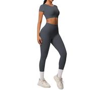 Generisch Conjunto de ropa de yoga elástica para mujer, camiseta de corte y leggings de 2 piezas, chándal de gimnasio, fitness, ropa deportiva para mujer, cuello redondo, parte superior y mallas de