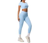 Generisch Conjunto de ropa de yoga elástica para mujer, camiseta de corte y leggings de 2 piezas, chándal de gimnasio, fitness, ropa deportiva para mujer, cuello redondo, parte superior y mallas de