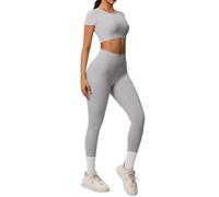 Generisch Conjunto de ropa de yoga elástica para mujer, camiseta de corte y leggings de 2 piezas, chándal de gimnasio, fitness, ropa deportiva para mujer, cuello redondo, parte superior y mallas de