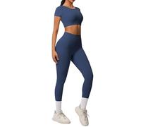 Generisch Conjunto de ropa de yoga elástica para mujer, camiseta de corte y leggings de 2 piezas, chándal de gimnasio, fitness, ropa deportiva para mujer, cuello redondo, parte superior y mallas de