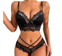 Generisch Conjunto de ropa interior para mujer, sujetador de encaje liso negro con copas gruesas en forma de T para seducir, Negro , 70B