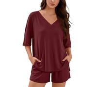 Generisch Conjunto de salón para mujer, de dos piezas, transpirable, con cuello de pico, combinación de verano, suave, cómodo, ropa de dormir, ligera, con bolsillos, Estilo/J08 Rojo, M