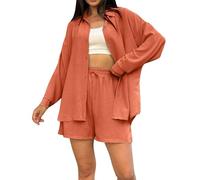 Generisch Conjunto de salón para mujer, manga larga, ropa de salón, ropa de playa, ropa ligera de moda, traje de casa de 2 piezas, conjunto de ropa Y2K, con botones, camisas y pantalones cortos, ropa