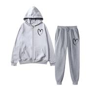 Generisch Conjunto de sudadera con capucha de invierno para mujer, suelta, monocolor, corazón, más terciopelo, chándal informal a cuadros, Gris claro., XXL