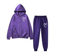 Generisch Conjunto de sudadera con capucha de invierno para mujer, suelta, monocolor, corazón, más terciopelo, chándal informal a cuadros, morado, L