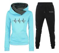 Generisch Conjunto de sudaderas para mujer con cuello en cascada, bloque de color, 2 piezas, chándales de manga larga, pantalones largos, sudadera casual, azul celeste, L