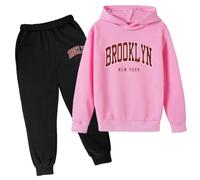 Generisch Conjunto de suéter con capucha para niños de invierno con estampado popular conjunto de sudadera con capucha en ropa interior 2023 carta casual impresa manga larga fuera de uso cálido, Rosa